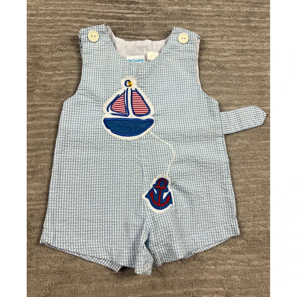 Carter's Romper Boys 6/9M Blue Gingham‎ Nautical Sailboat Seersucker One Piece